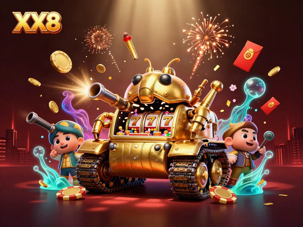 Experience the vibrant thrill of XX8 casino action with a golden beetle tank revealing a miniature casino.