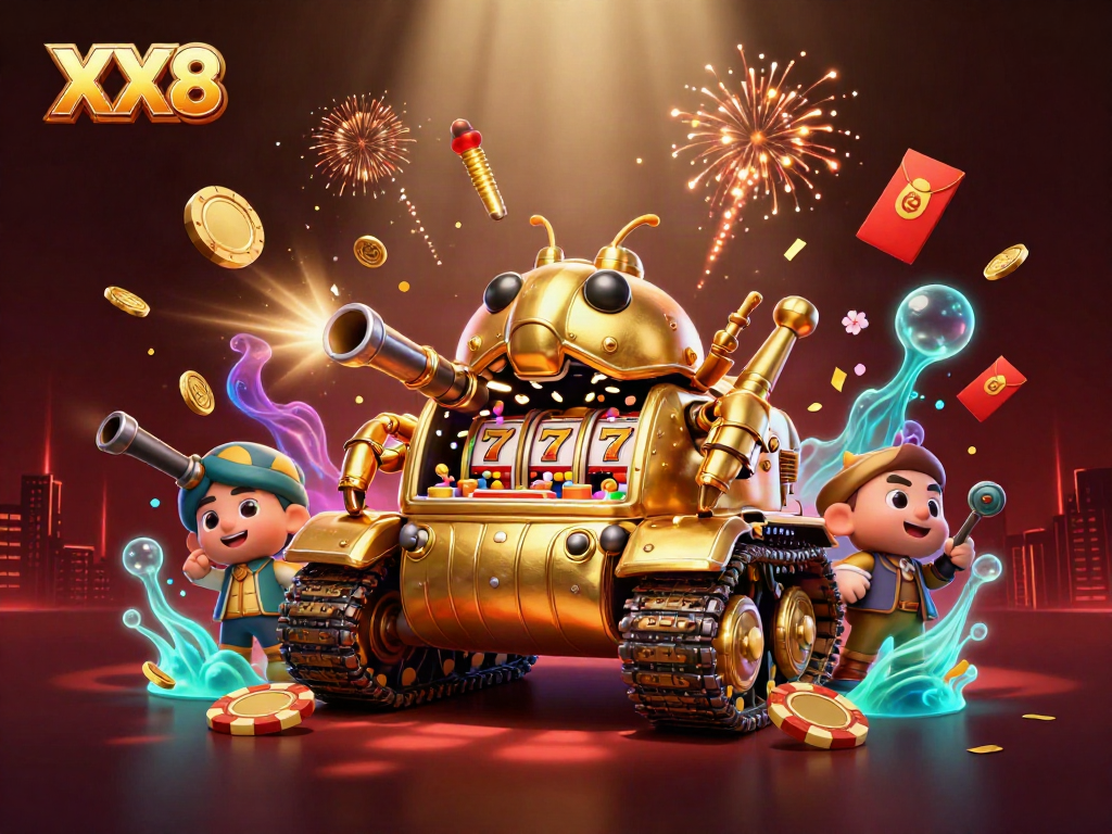 Experience the vibrant thrill of XX8 casino action with a golden beetle tank revealing a miniature casino.