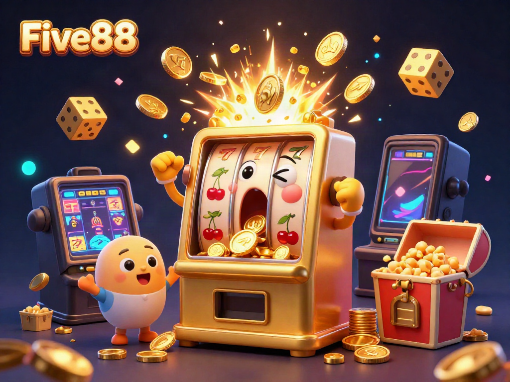 Experience Five88's vibrant online casino excitement with golden slot machines celebrating a jackpot win!