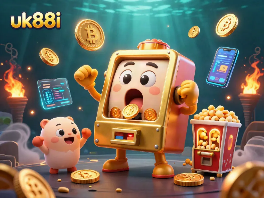 uk88i slot machine celebrates a jackpot, surrounded by crypto and casino elements