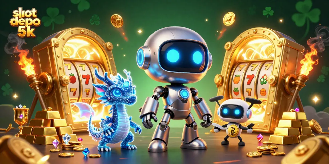 Engage in thrilling gameplay at slot depo 5k with a vibrant 3D robot and treasure scene.