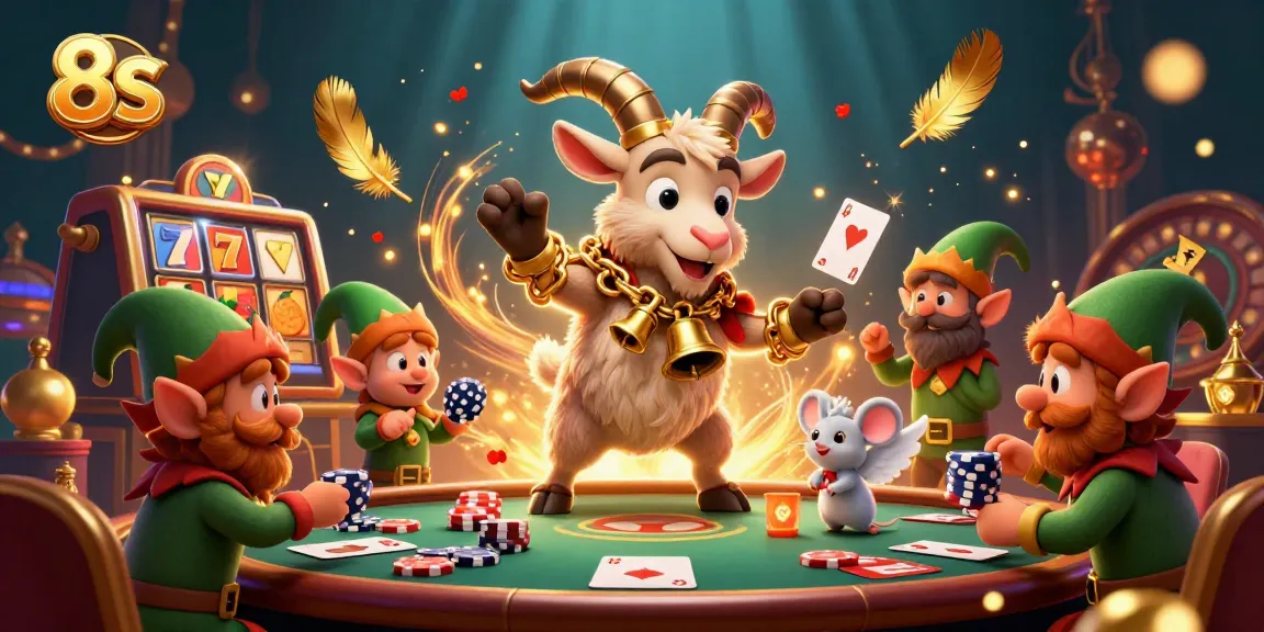 Engage in thrilling casino action with 8S, featuring Krampus and lively characters among slot reels and poker chips.