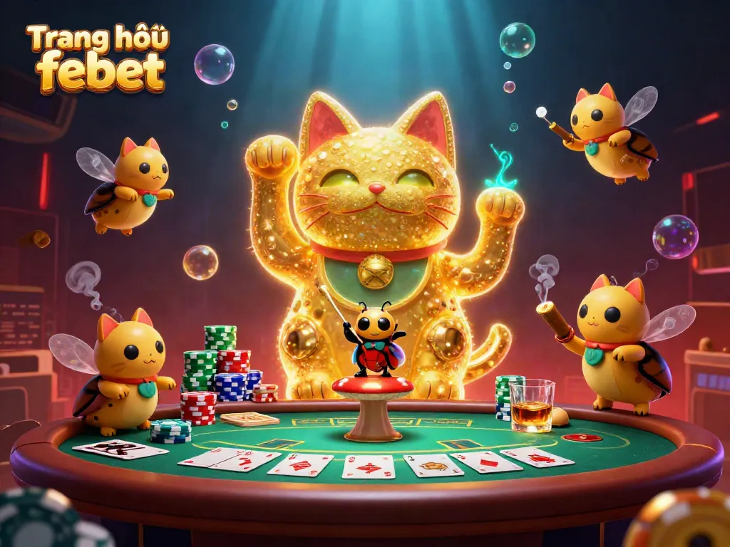 Experience thrilling casino action at Trang chủ febet with dynamic illustrations of a lucky cat and poker elements.