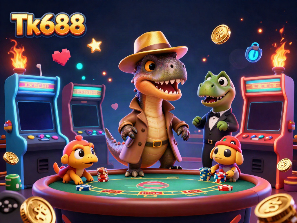 Experience thrilling Blackjack with Tk688 as a velociraptor plays in a vibrant casino setting.