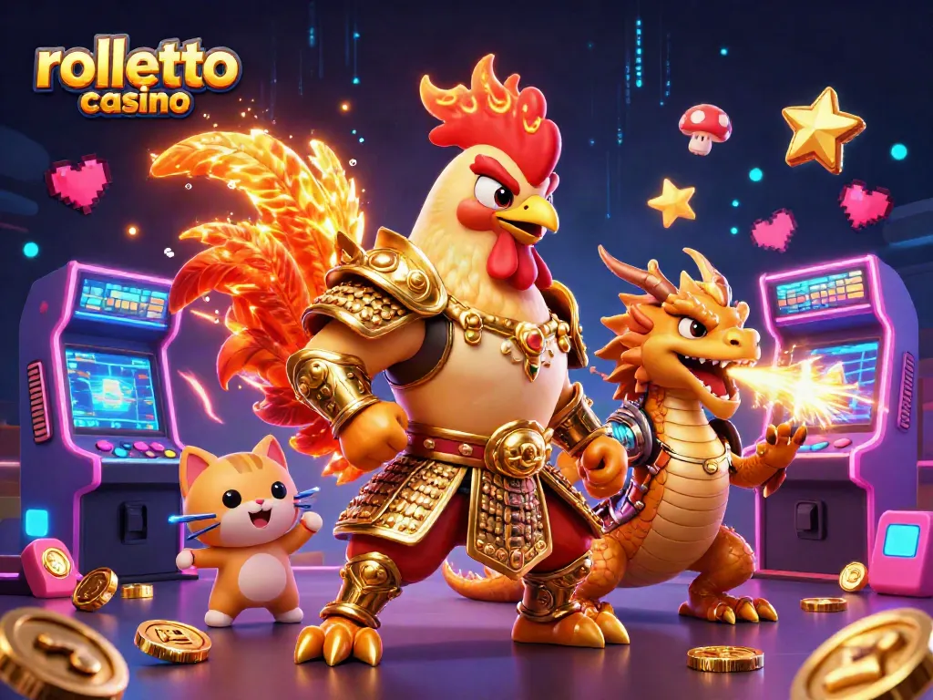 Experience thrilling action at Rolletto Casino with animated characters, vibrant casino elements, and dynamic gaming atmosphere.