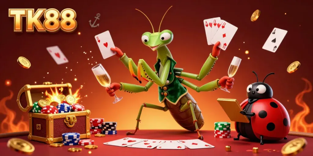Engage with vibrant TK88 casino action featuring a giant mantis dealing cards with dynamic game elements.