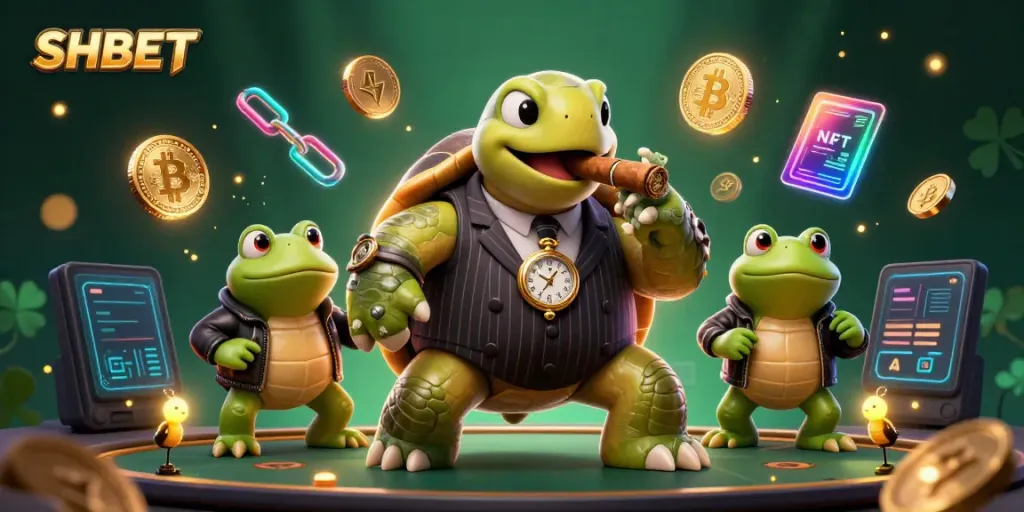 Experience the thrill of SHBET with vibrant 3D casino characters and crypto elements in an engaging scene.