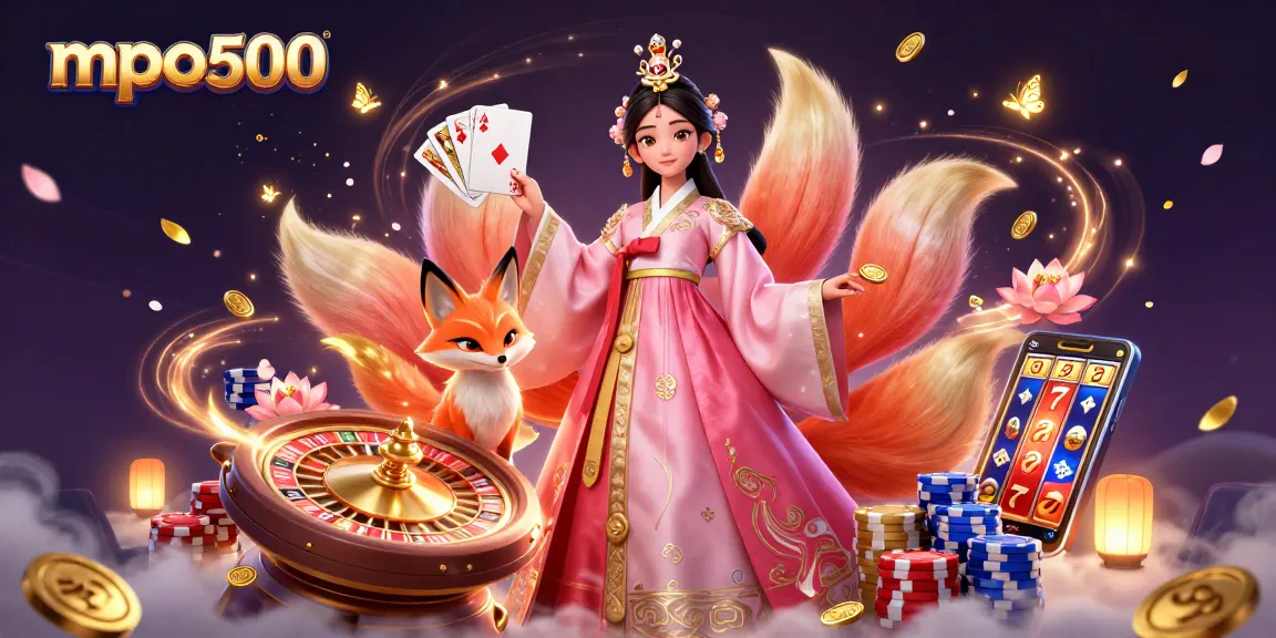 Experience the thrill with mpo500 as coins and jackpots swirl around an elegant Asian woman and a lucky fox.