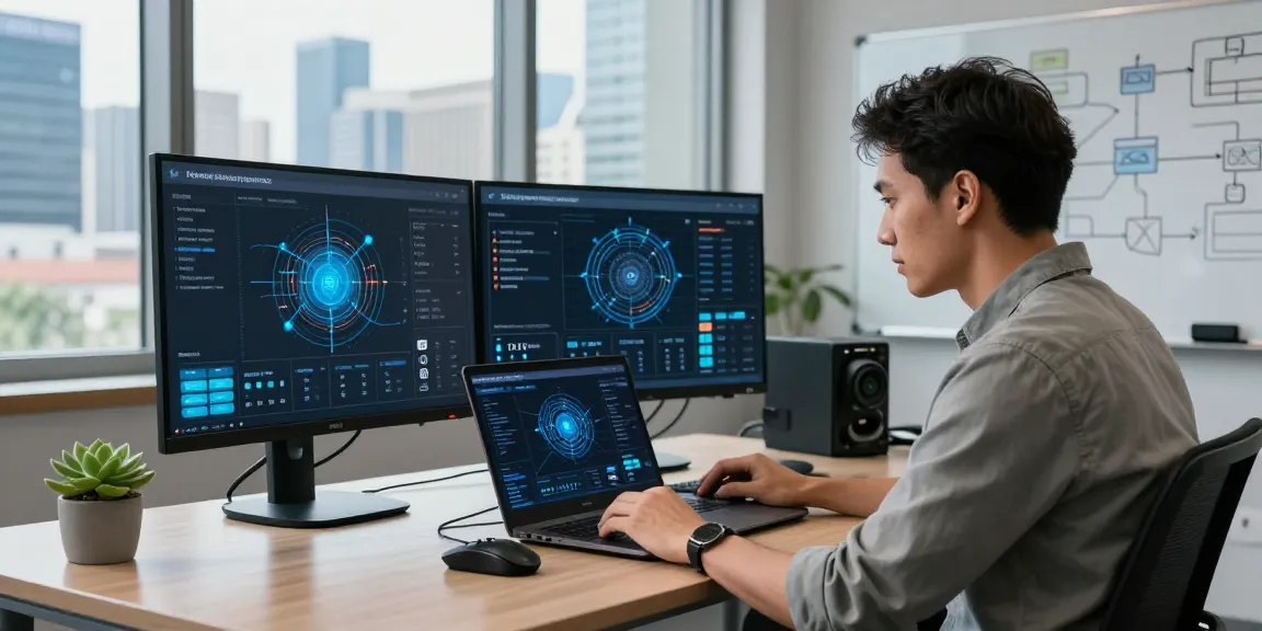 IT specialist analyzing edge computing data in a modern office with dual monitors and a collaborative atmosphere.