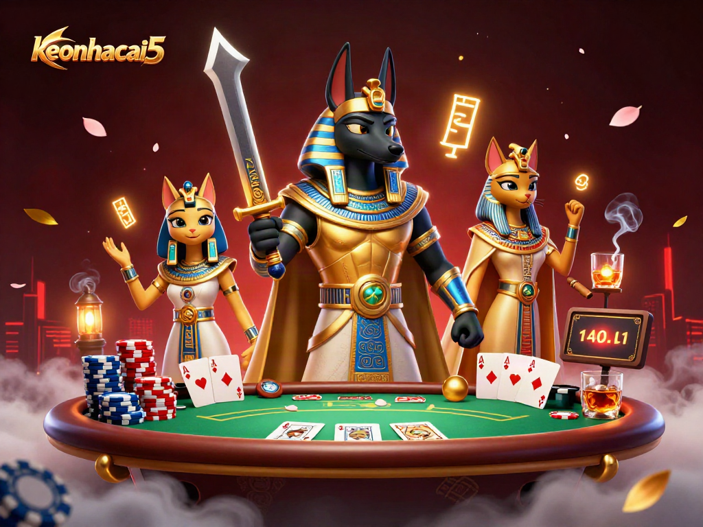 Engage with keonhacai5 and experience an epic poker battle featuring ancient Egyptian characters.