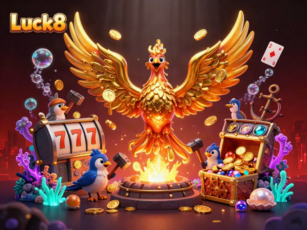 Luck8 offers exciting slot gameplay with a golden phoenix emerging, surrounded by treasure and vibrant game elements.