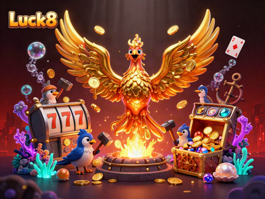 Luck8 offers exciting slot gameplay with a golden phoenix emerging, surrounded by treasure and vibrant game elements.