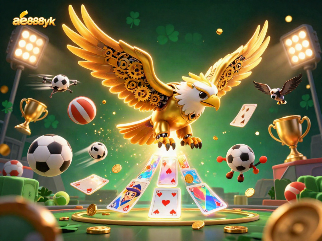 A thrilling scene featuring ae888yk, showcasing a cybernetic golden eagle diving among holographic cards and sports balls.
