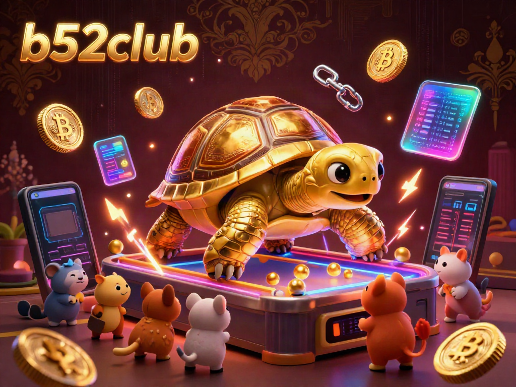 Engage in thrilling gameplay at b52club with a vibrant illustration featuring a golden tortoise pinball machine and crypto elements.