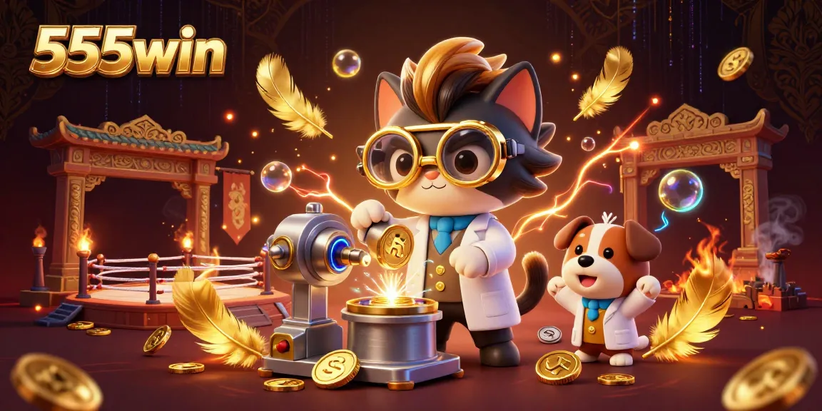 Experience the excitement of 555win with a thrilling 3D illustration featuring a mad scientist cat and a dog assistant.