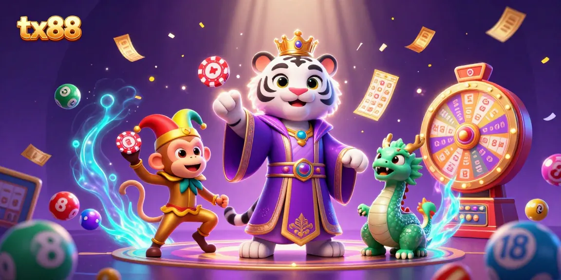 Experience tx88's vibrant world as lively characters and lottery elements merge in an enchanting casino scene.
