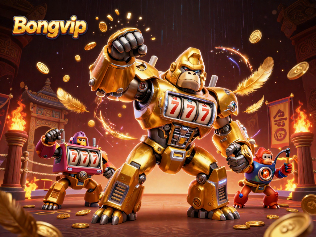 Bongvip features a 3D gorilla mech showcasing a dynamic gaming scene with explosive coins, embodying excitement.