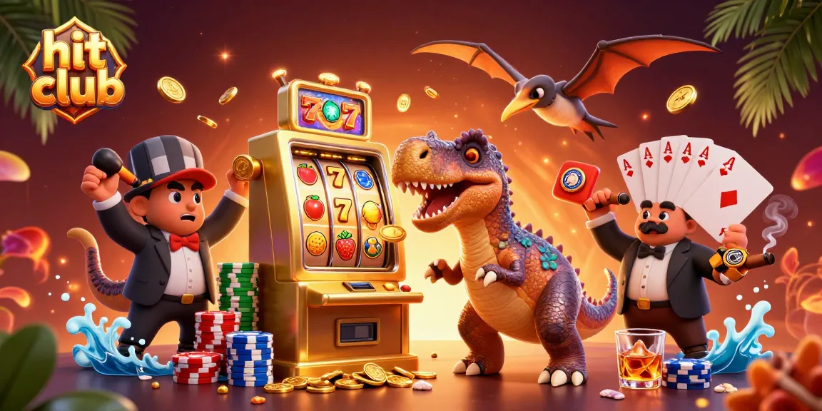 Hit club illustration with dinosaur characters celebrating jackpot wins amid vibrant casino elements.