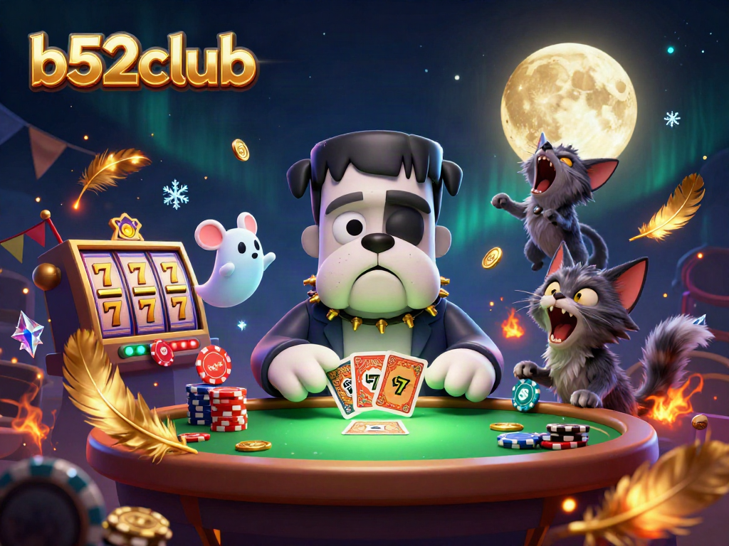 Engage in thrilling gameplay at b52club with the animated Frankenstein bulldog dealer and mystical background.