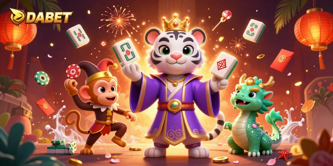 Engage with DABET's vibrant casino world featuring a royal tiger and juggling monkey.