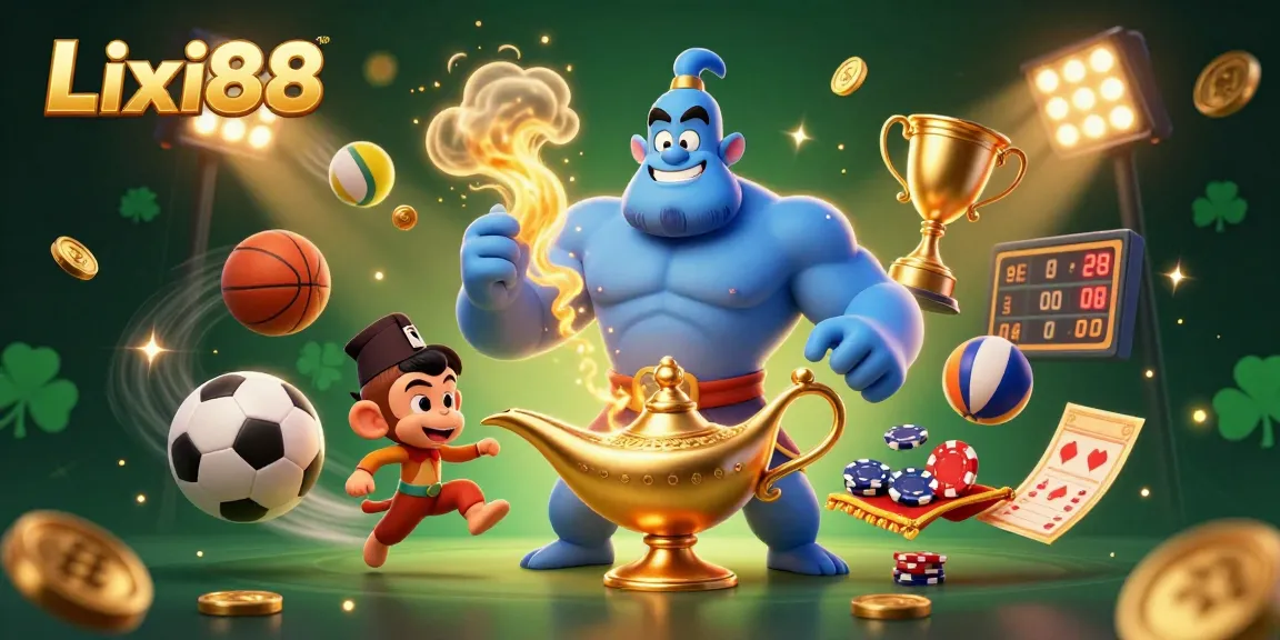 Lixi88 showcases a vibrant 3D casino scene with a genie and sports elements, symbolizing excitement in gaming.