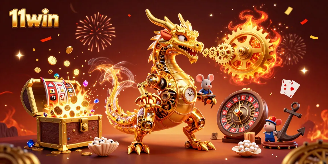 Engage with thrilling 11win casino action featuring a golden dragon and slot game elements.