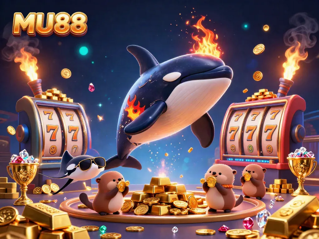 Experience excitement at MU88 with a dynamic 3D scene featuring a jumping whale, stingray, and otters with gold.