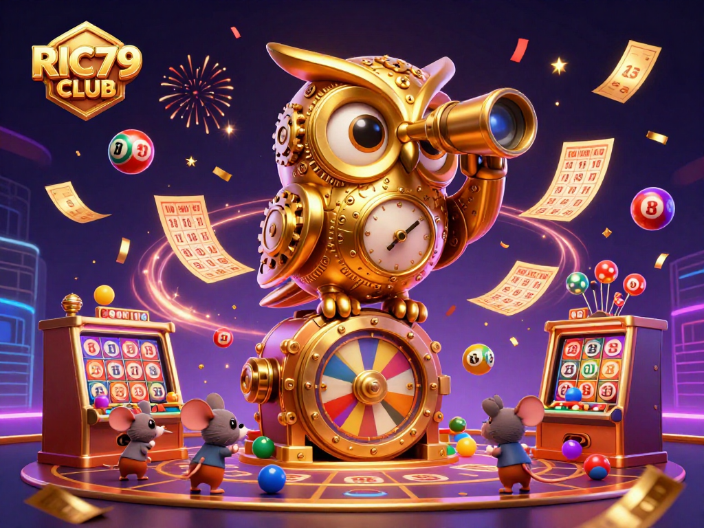 Engage with the vibrant excitement of RIC79 CLUB through a festive casino scene depicting a golden owl alongside playful mice, colorful lottery balls, and festive decorations.
