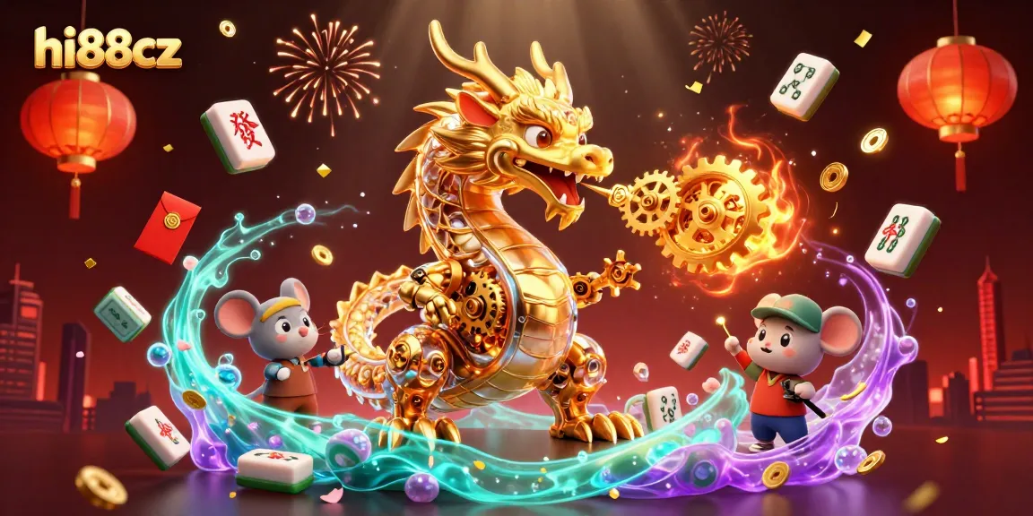Experience excitement at hi88cz with a golden dragon breathing gears, surrounded by glowing casino elements.