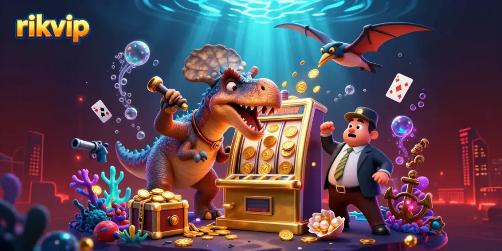 Experience the excitement of rikvip with a cartoon dinosaur at a slot machine, showcasing dynamic casino elements.