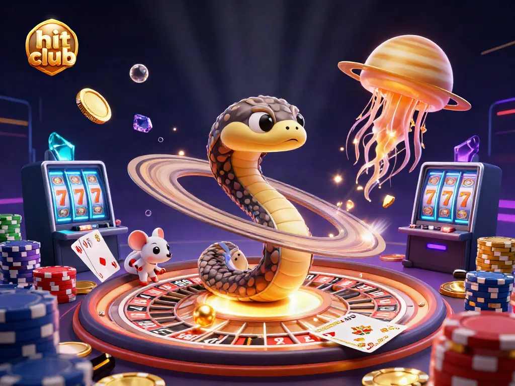 Engaging hit club illustration featuring a cosmic casino scene with a Saturn ring snake and golden jellyfish dealer.