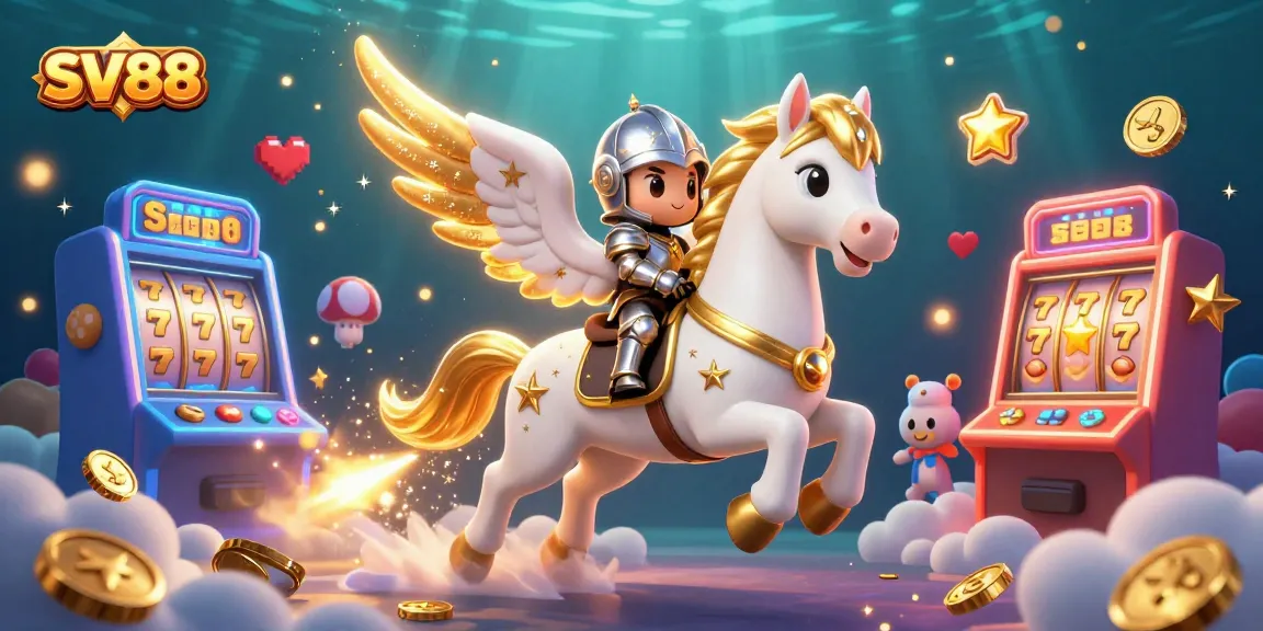 This SV88 illustration showcases a vibrant slot machine scene with a celestial horse and armored knight amidst casino excitement.