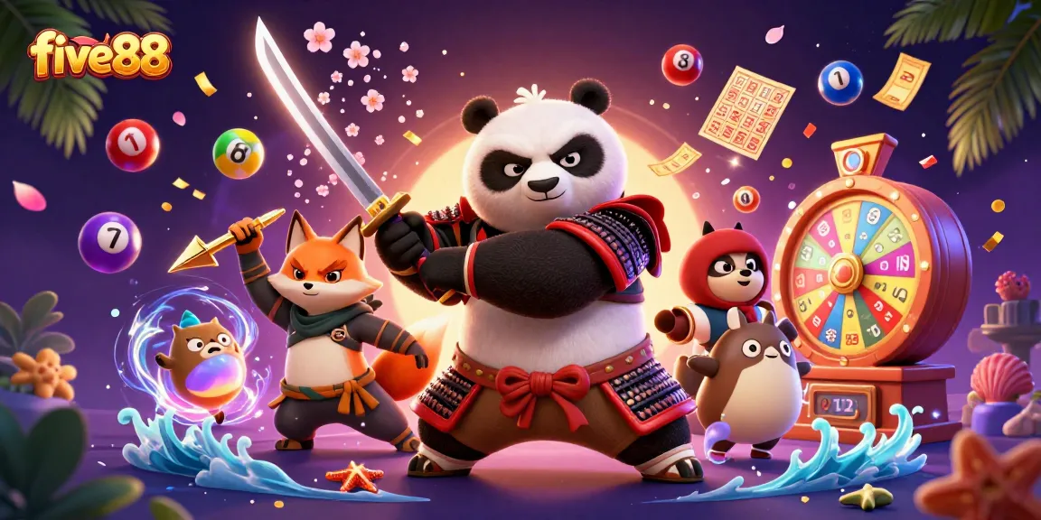 Engage with five88 casino excitement featuring samurai panda and ninja fox in a vibrant lottery scene.