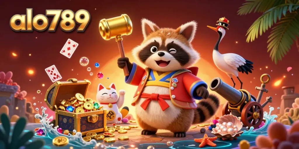 Join the excitement at alo789 with a cheerful tanuki and fortune cats amidst dynamic casino elements.