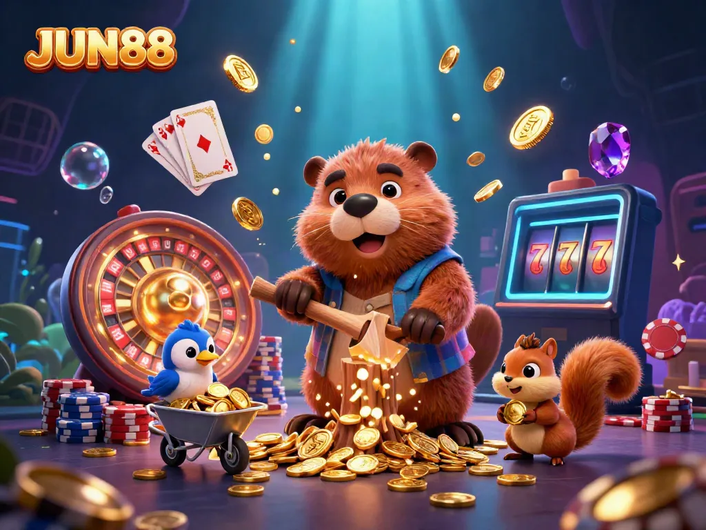 Win big with JUN88 as a beaver chops a tree raining golden coins amid casino thrills.