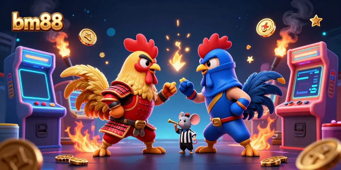 Engage in thrilling competition with bm88 featuring roosters battling, arcade elements, and vibrant colors.