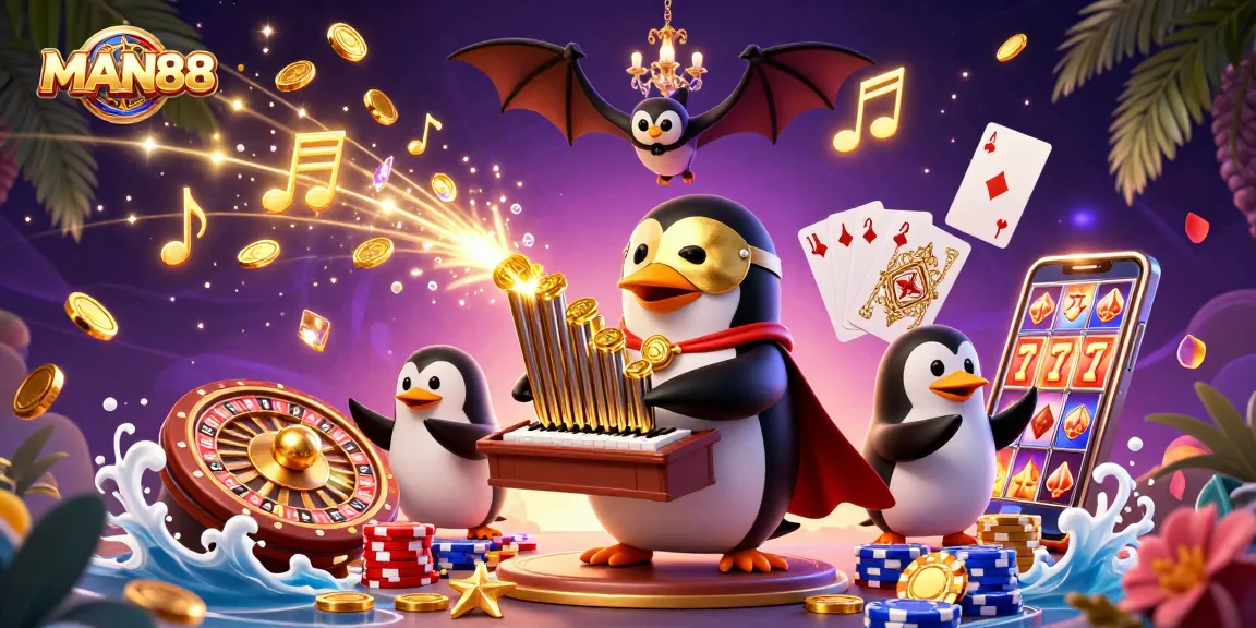 MAN88 penguin playing organ dramatically shoots golden coins in a vibrant casino scene.