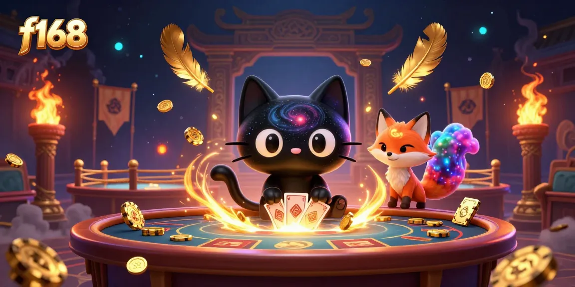 Engage in thrilling gameplay at f168 with a colorful cosmic casino scene featuring a black hole cat and a nebula fox.