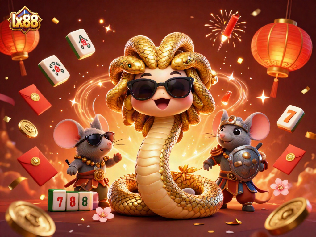 Experience the vibrant lx88 casino scene with Medusa and a warrior mouse amid dynamic gambling elements.