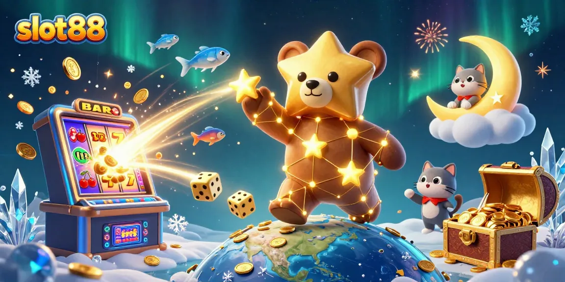 Explore the vibrant world of slot88 with a constellation bear and exciting casino elements.