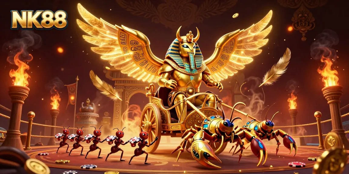 Engage with NK88's thrilling gaming atmosphere featuring a grand golden scarab and vibrant casino elements.
