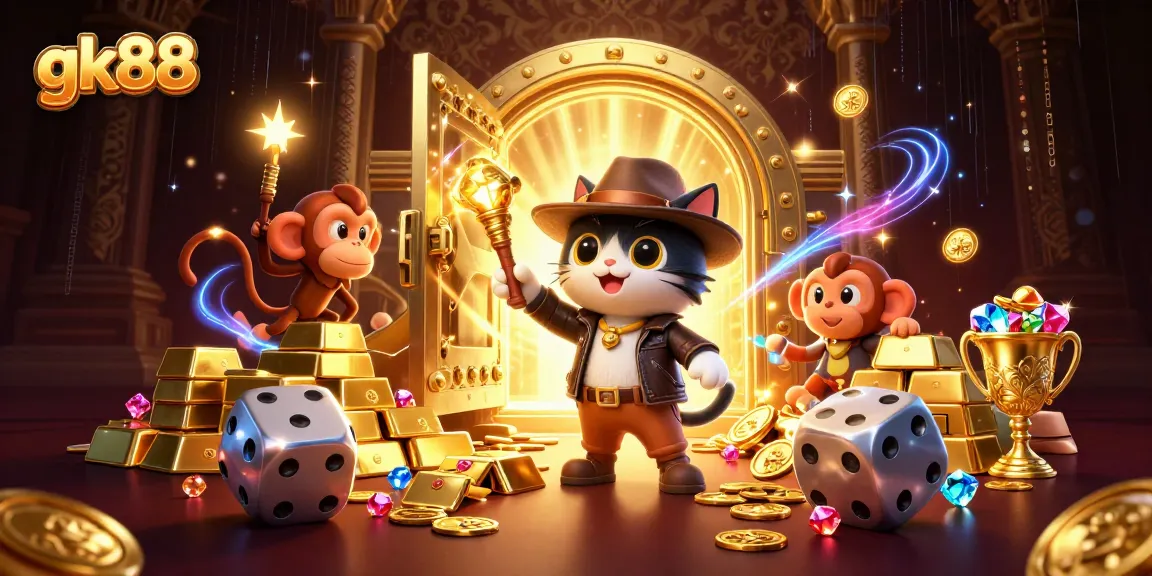 Experience thrilling adventures at gk88 with a cartoon archaeologist cat discovering casino treasures amidst dazzling gems.