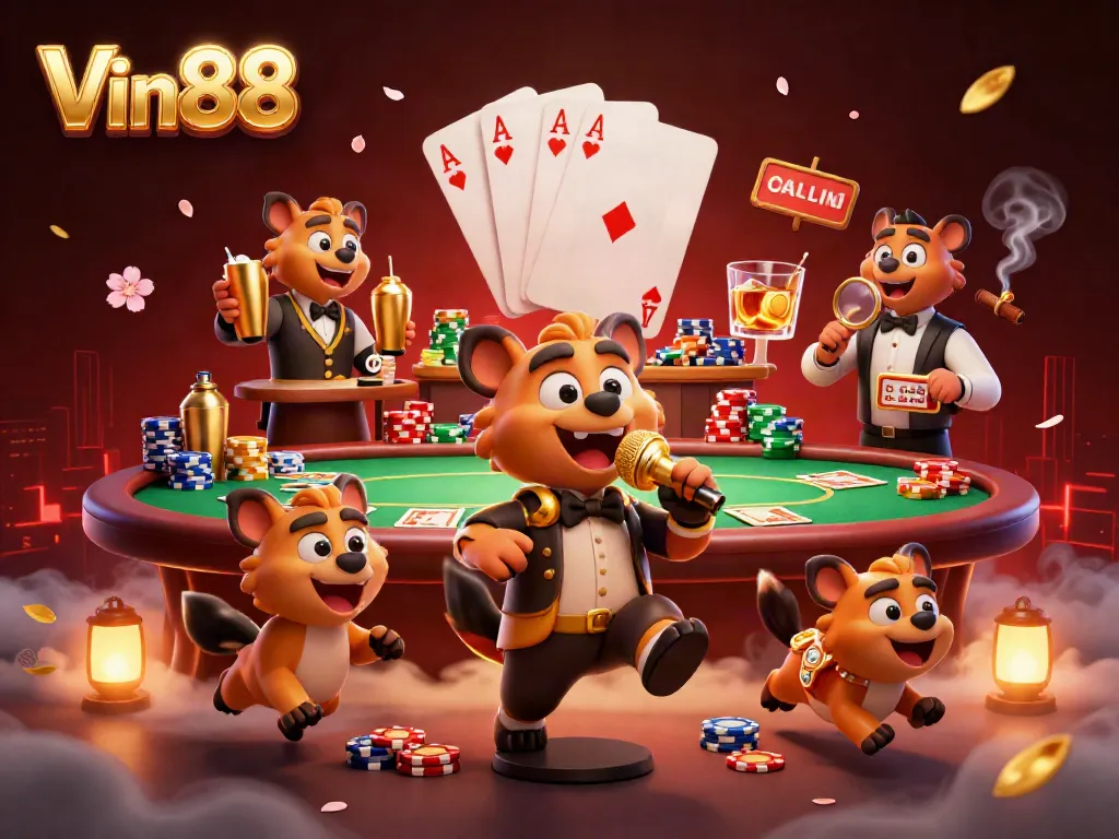 Join the fun at Vin88's lively comedy casino with hyenas serving drinks, telling jokes, and checking IDs!