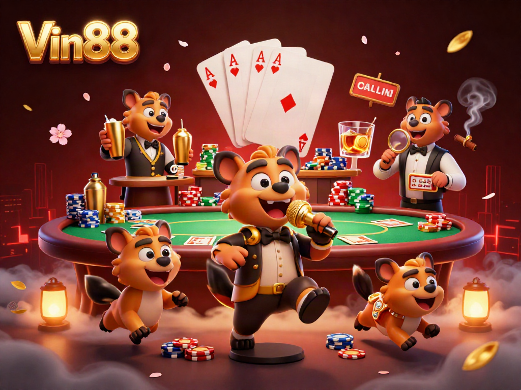 Join the fun at Vin88's lively comedy casino with hyenas serving drinks, telling jokes, and checking IDs!
