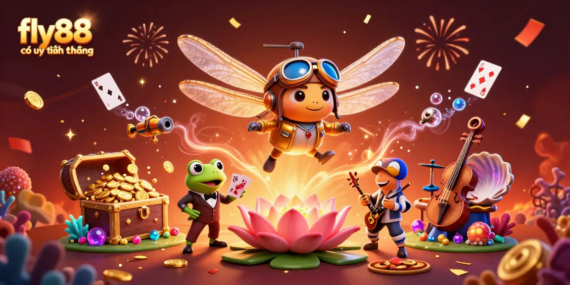 Explore the dynamic world of gambling with fly88 có uy tín không, featuring a dragonfly pilot and frog dealer in vibrant 3D illustration.