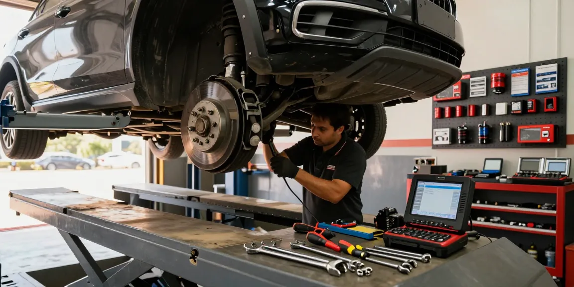Mechanic reviewing car parts guides while working on a modern vehicle in a bright garage.