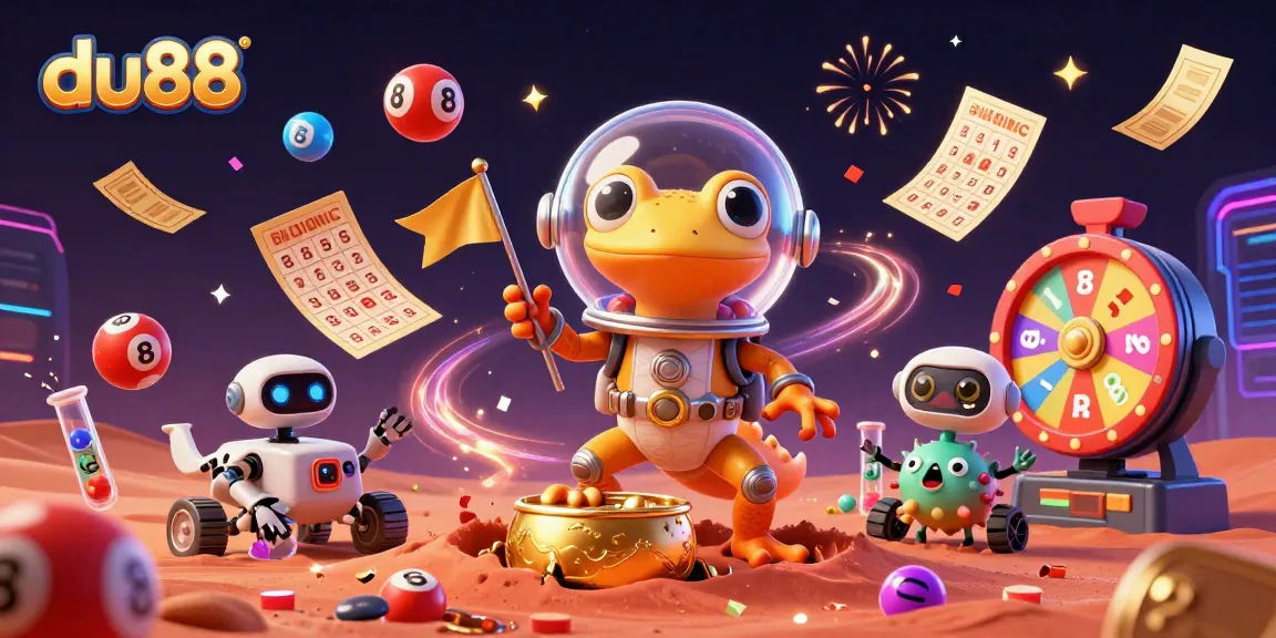 Experience the thrill of du88 with a Martian gecko exploring a hidden casino, surrounded by lottery elements.