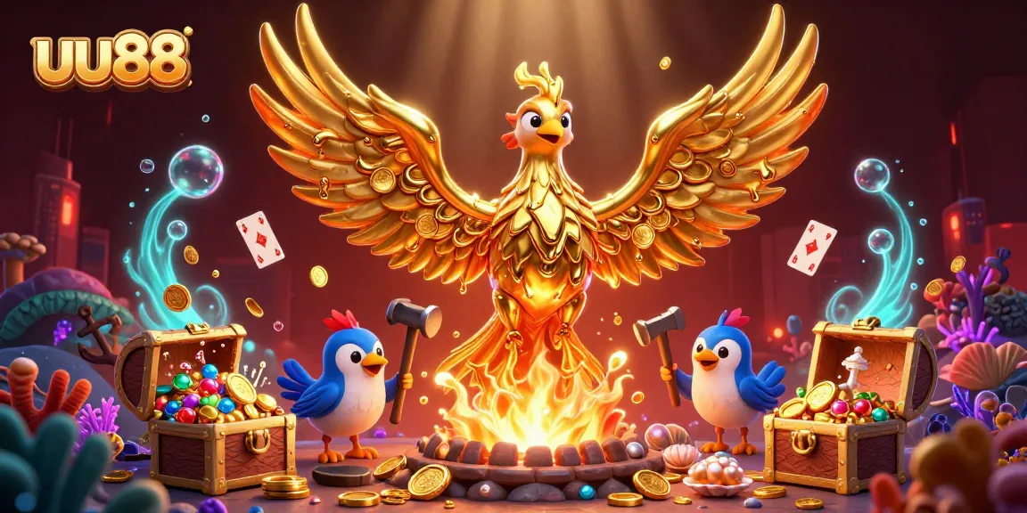 uu88 promotes exhilarating gameplay with a molten phoenix surrounded by treasure, cards, and gold.
