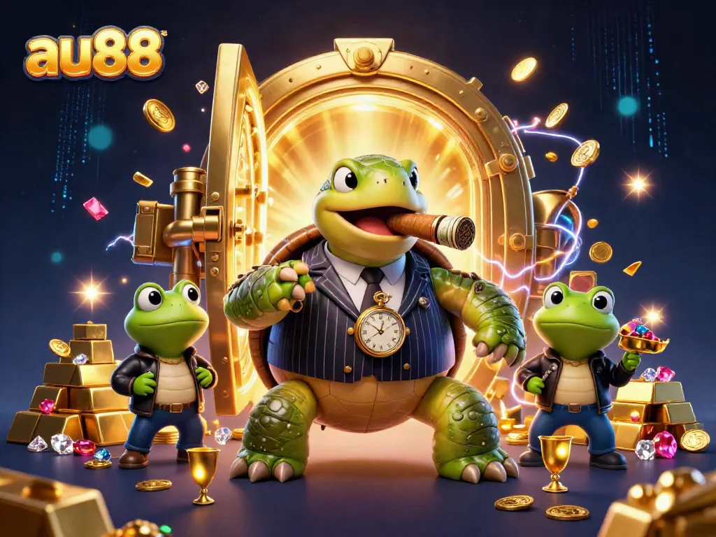 Experience the thrilling atmosphere of au88 as a snapping turtle in a mobster suit leads a casino adventure.