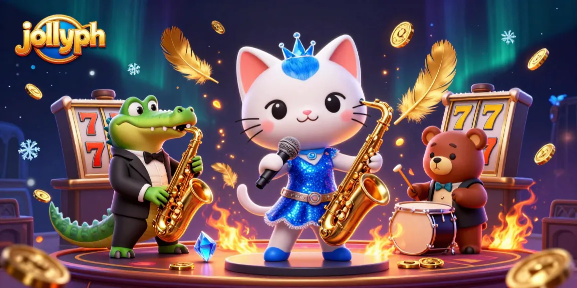 Experience thrilling games at jollyph with dynamic slot character illustration featuring vibrant casino elements.